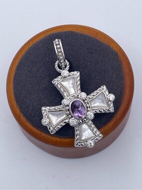 Judith Ripka Silver Cross Pendant with Purple Center and Mother-of-Pearl Inlays